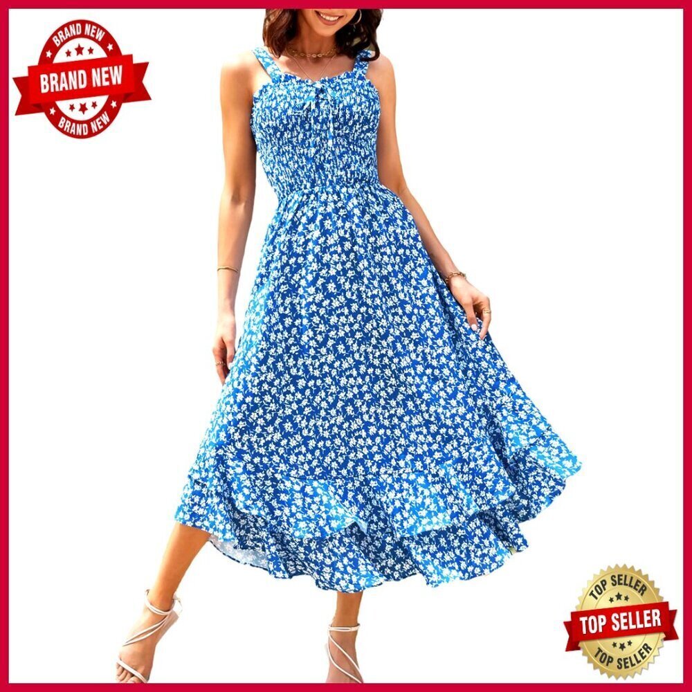 Floral Maxi Dress Boho A Line Square Neck Adjustable Straps Summer Beach
